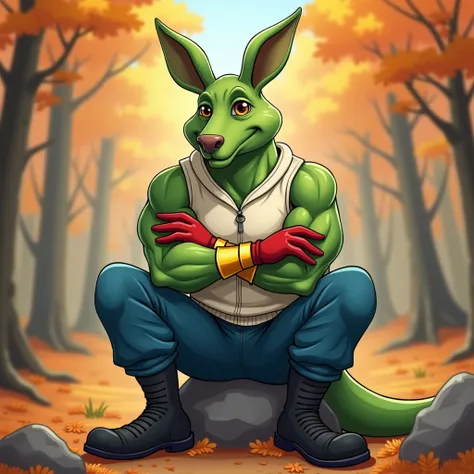 A green muscular kangaroo furry jock in gold bracelets , wearing black boots , wearing blue pants ,  in a white zippered sleeveless sweater , wearing red gloves with arms crossed over his chest sits on a rock in the autumn forest in cartoon style