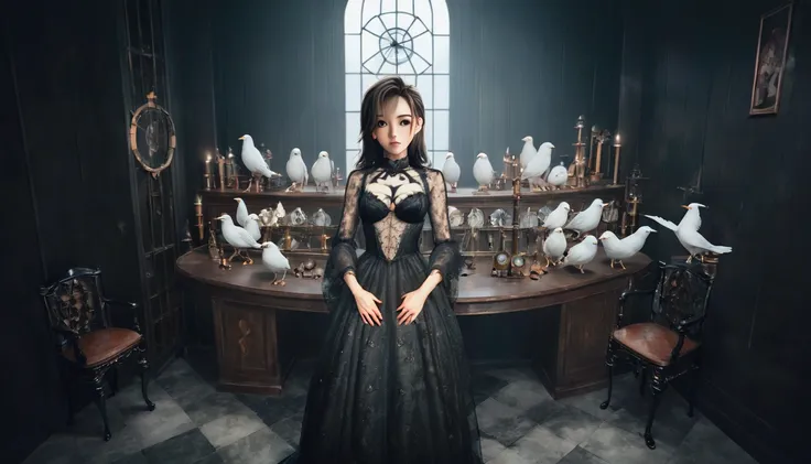 A fabulous 22-year-old Chinese-English young woman with long dark hair in a luxurious 1930s undercut stands in a steampunk-inspired room filled with a flock of white pigeons with  She wears a luxurious black lace gothic dress with intricate details. Her de...