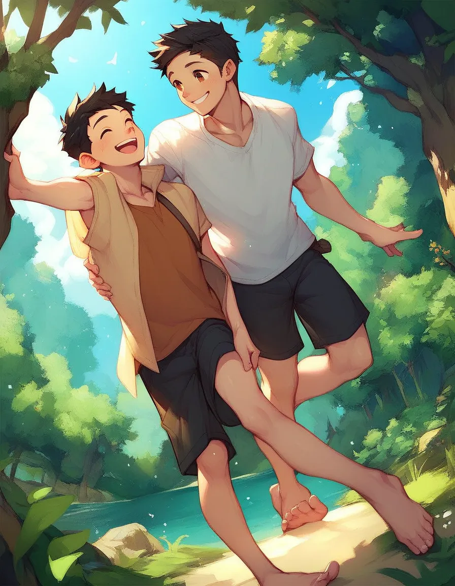 1 boy, happy,  black hair ,  brown eye , white mother,  black shorts, barefoot, One, the forest,