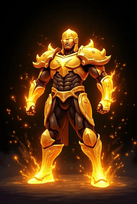 Elemental warrior with an intimidating gentlemans appearance symbolizing the element of sunlight in his shining armor, solar energy , Without wearing a helmet to see that he is a being made of light,  completely pixel art video game design , with a flat bl...