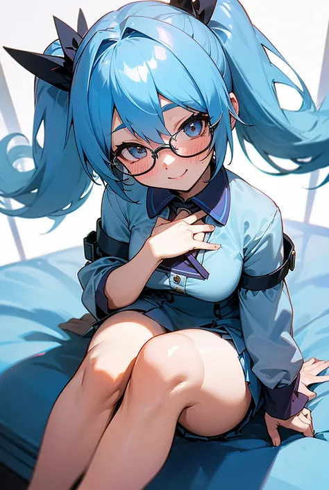  1 girl,  Hi-Res, chest,  Blushing , smile,  seductive smiles from all around, , turn your gaze ,  twin tails, Blue Hair/Light blue hair,  miniskirt、Thighs、Glasses、Sitting with legs together、