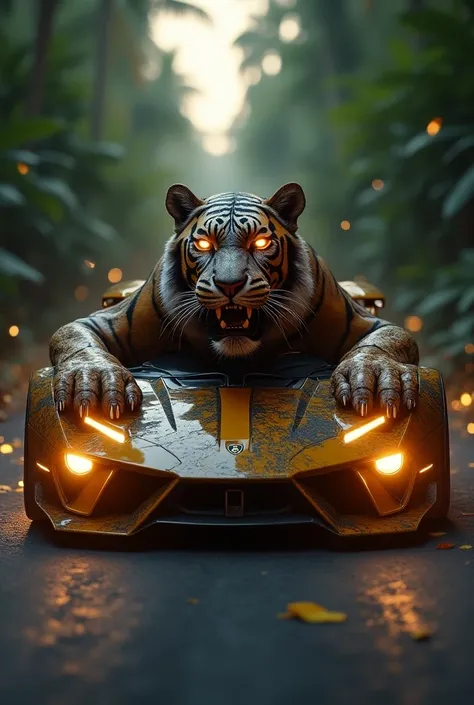 "Create a hyper-realistic hybrid of a tiger and a Lamborghini car, merging the wild power of the tiger with the high-performance engineering of the Lamborghini. The creature should have the muscular, textured body and vivid stripes of a tiger, with the sle...