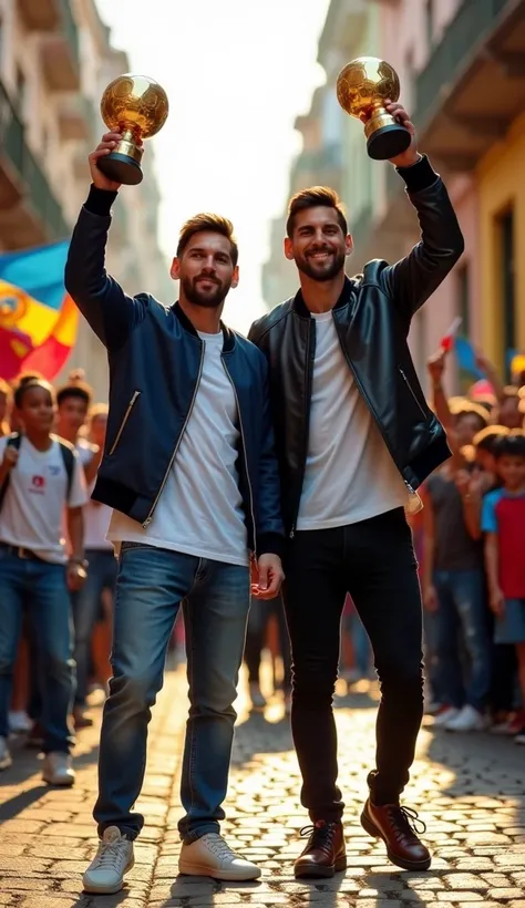 Lionel Messi and Cristiano Ronaldo are in the heart of a bustling South American street, celebrating after a major football victory. The vibrant colors of the city blend with the rich textures of local architecture — sun-drenched cobblestone streets lined ...