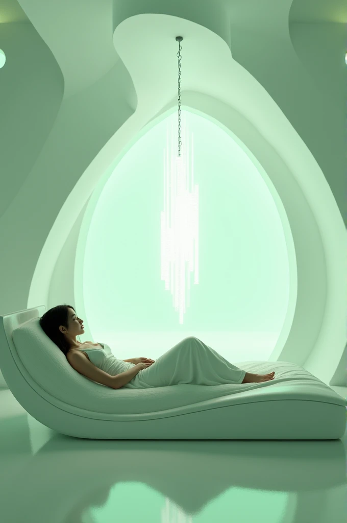 A white / green room with shadows in the corners and a chandelier in the middle of the room on the ceiling.  a person should lie out of a futuristic bed and listen to music .