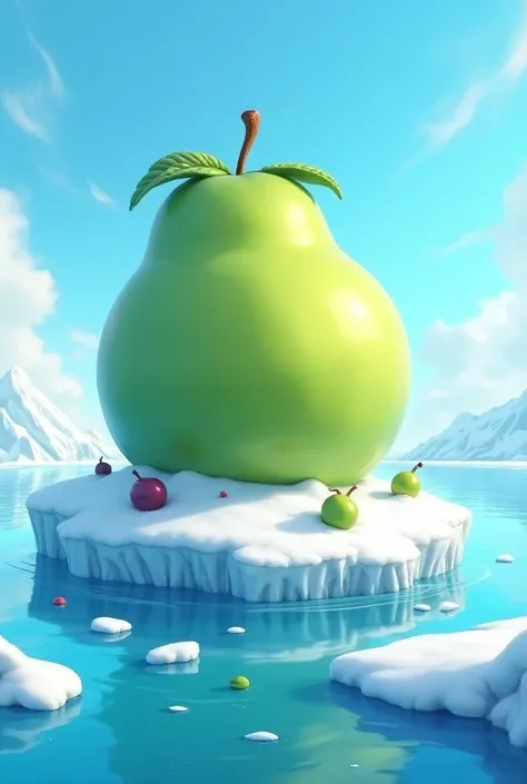 a stylised and fantasy art style of an ocean, in the middle of the ocean there is a frozen arctic island, and smaller frozen parts around, blue sky and white clouds, on the island there is a giant green grape laying on the snow, with smaller grape pieces s...