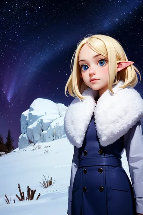  a very young girl ， short stature ，baby face， Elf Ears，is short，Hilly night sky，winter，winter colors, winter landscape,  starry sky ， aurora ，Sky color Prussian blue Cobalt blue Purple Cyan. Planet, Bright Star, meteor, Tree tops swaying in the wind, thre...