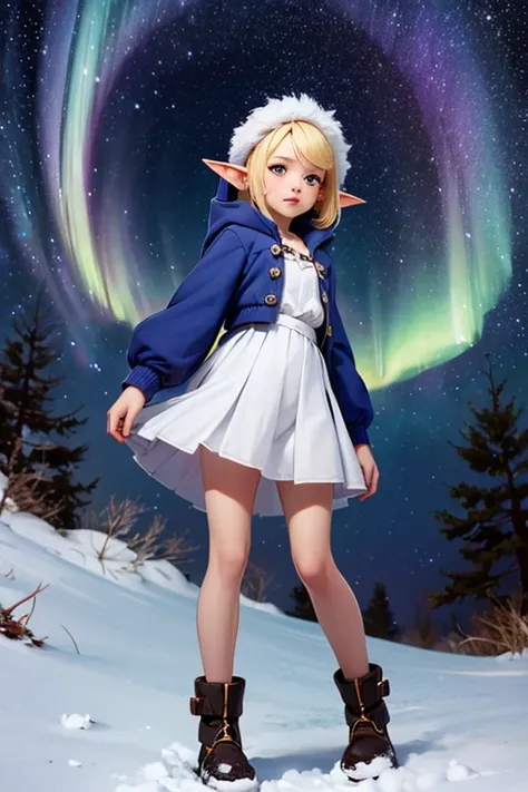  a very young girl ， short stature ，baby face， Elf Ears，is short，Hilly night sky，winter，winter colors, winter landscape,  starry sky ， aurora ，Sky color Prussian blue Cobalt blue Purple Cyan. Planet, Bright Star, meteor, Tree tops swaying in the wind, thre...