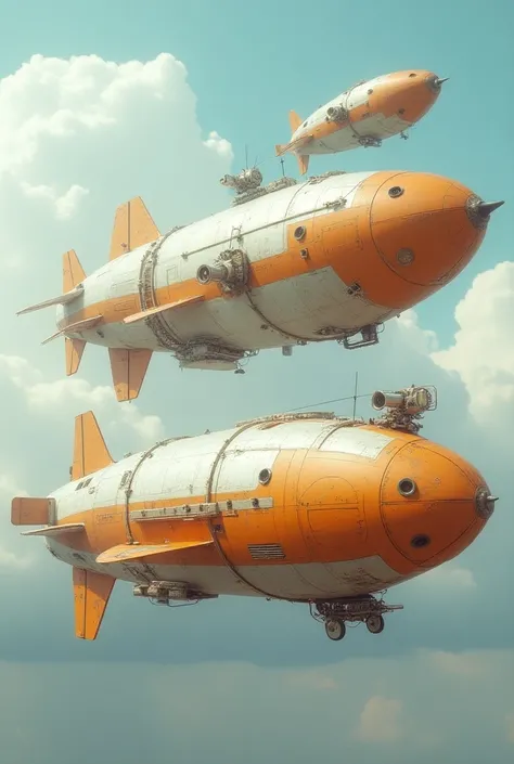 a technical study of airships in the sky. The shape of the airships resemble squid and  octopus. The airships are orange and white, with gondolas and protruding devices, jet engines and propellers, made of recycled materials,moebius,blueprint,sketch,highly...