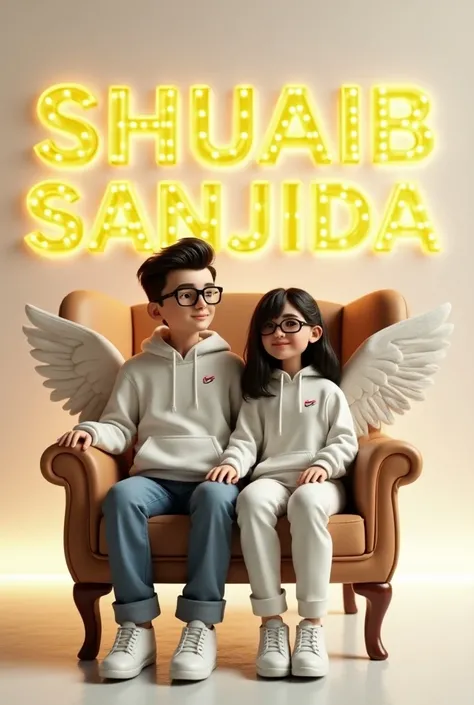 Create a 3D realistic image where a couple in white casually on a wingback chair, Wearing real Indian national Football team hoodie, Sneakers and glasses. The boy looks ahead, The background features "Shuaib Sanjida" in big and capital golden fonts on the ...