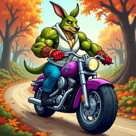 A green muscular kangaroo furry jock in gold bracelets , wearing black boots , wearing blue pants ,  in a white zippered sleeveless sweater , wearing red gloves rides a purple motorcycle through the autumn forest in cartoon style