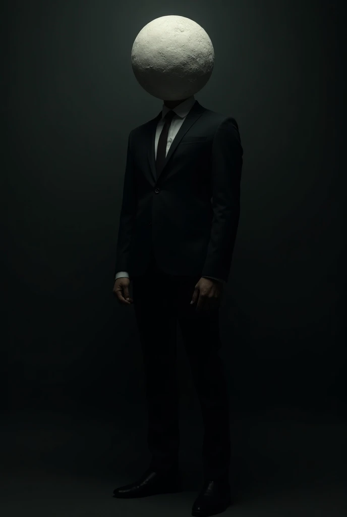 Man in black suit wearing smiling globe shaped moon mask on face 