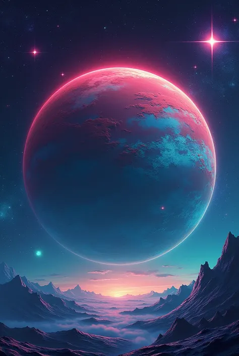 Make an anime style red,blue and green colour gradient planet having 2 star first one is purple in colourand second one is blue in colour in space