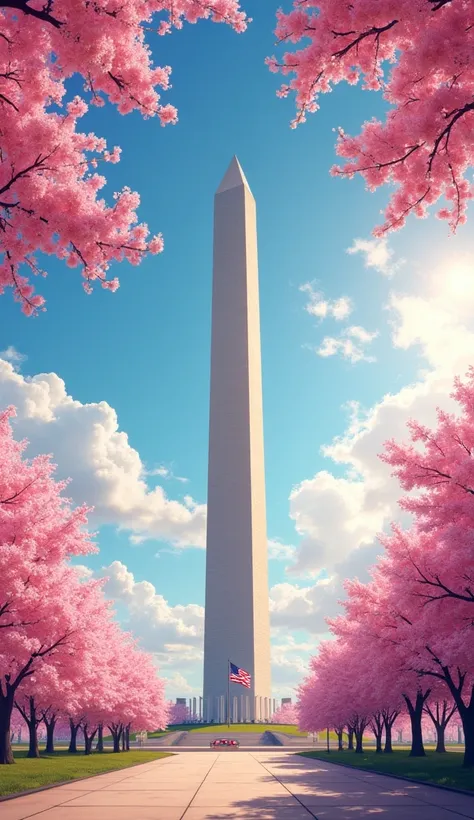 A vibrant cityscape showing a tall monument with a flag, surrounded by cherry blossoms under a blue sky with bright sunlight, representing a famous U.S. capital.