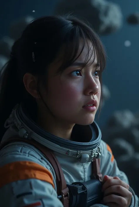 a astronaut girl crying because she needs to command the flight team to destroy the shattered asteroid,with her husband on it 