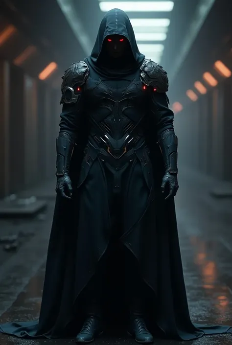 An big assassin wearing a cloak with red eys and futuristic armor 