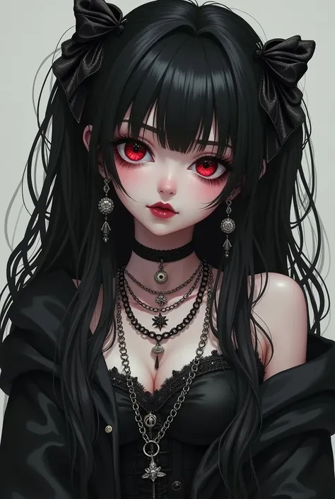  full of bangs、 long black hair 、Heavy eye makeup、Dark fashion 、 accessories such as chains and safety pins 、 nails based on black and red 、 dark lips 、 high-waisted skirts and shorts、Platform boots、 lots of earrings and ear cuffs 、 slightly sick makeup st...