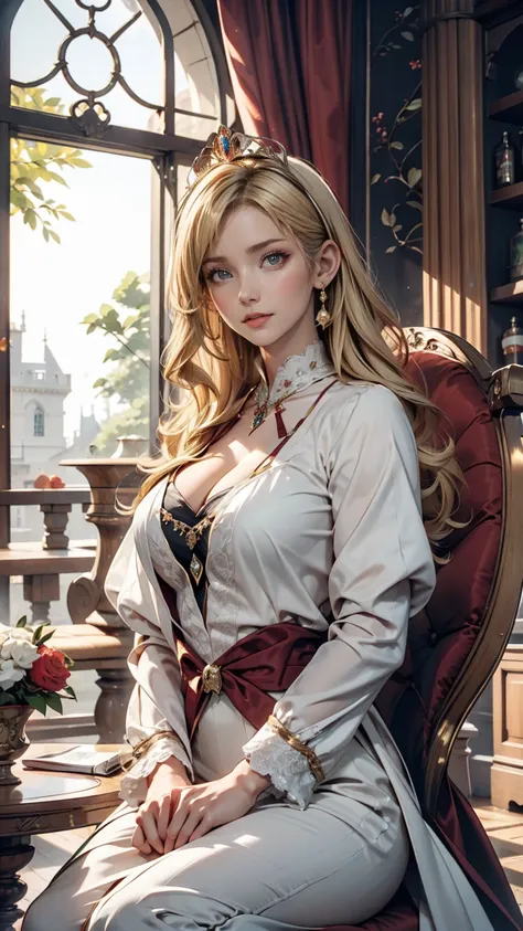 world cup style, beautiful woman, blonde,  sitting, royal outfits, royal room, medieval setting