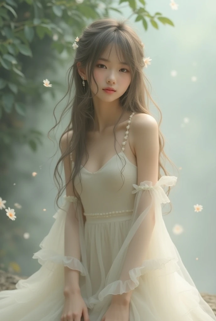  taupe wave long hair, thin legs,  Korean , bangs, feminine clothes , vicinity