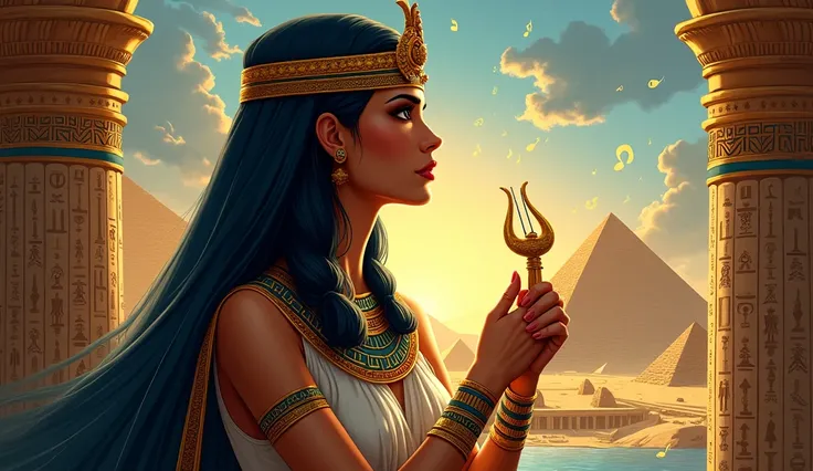 **Thumbnail Script**:
- **Background**: Use a visually rich scene featuring ancient Egyptian imagery, such as the Nile River, pyramids, and hieroglyphics. Overlay subtle musical notes or ancient instruments like harps and lyres to signify the song theme. T...