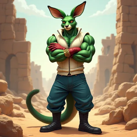 A green muscular kangaroo furry jock in gold bracelets , wearing black boots , wearing blue pants ,  in a white zippered sleeveless sweater , wearing red gloves with arms crossed over his chest, he stands against the background of ruins in the desert