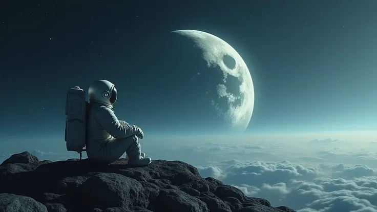 panorama, (((8k, foto RAW, melhor qualidade))), ultra high-resolution, ultra-detalhado, Realistic, 

in space, sitting on a top of an alien spaceship , a lonely astronaut sits looking at the moon
(long shot:1.5)