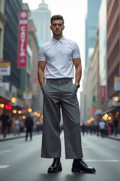 a mean wearing a gray wide leg pants with white long sleeve polo and black boots