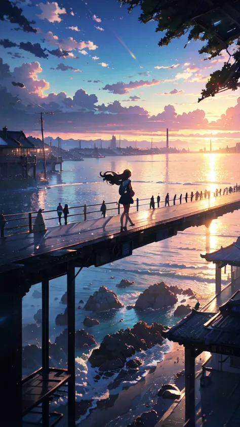  High Quality Masterpiece  ，landscape，Reflector。 Works by Makoto Xin Haicheng,  beautiful anime scene , anime landscape, Detailed landscape ,  Animation of a train running over  , Makoto Shinkai style，Blue Sky,morning, Photo Elements  　Seaside　pier　 casual...