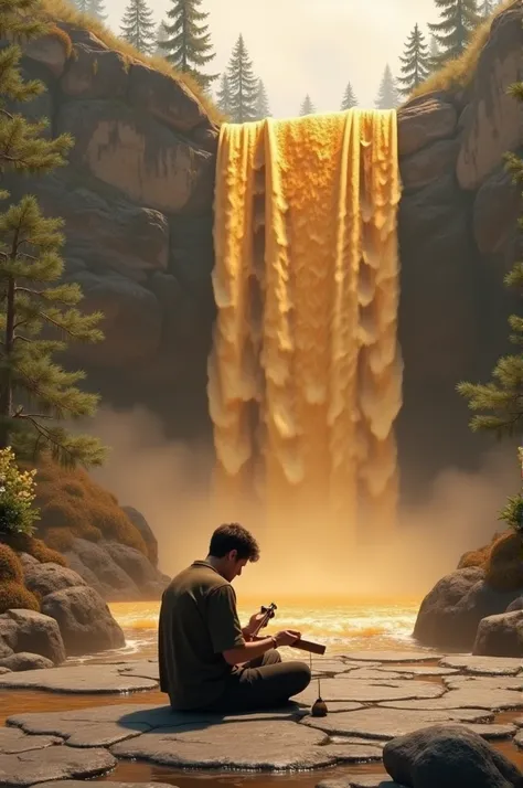 1 man sitting and producing music standing on a realistic grey platform and they are just walking towards a waterfall of delicious maple syrup. 