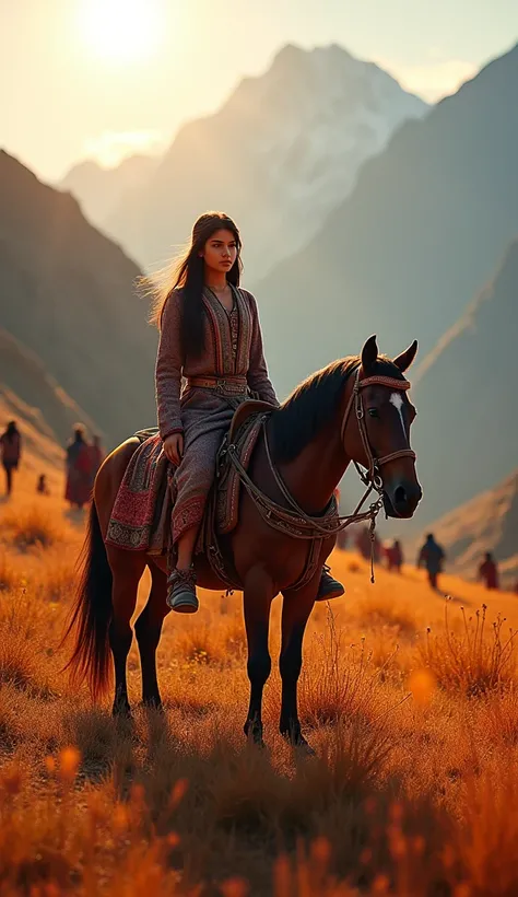 22 year old kohistani girl in kohistan fire grass in mountain sunrises time with horse with her tribe tribe