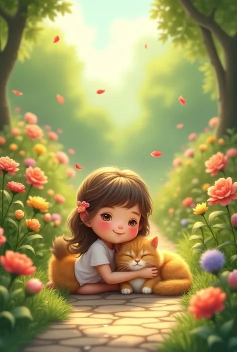 Cat and girl smiling sitting in the garden