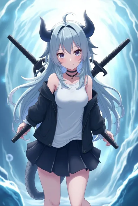 Anime girl, 1 person, gray-blue hair, gray-black dragon horns, gray dragon tail, heterochromatic eyes, T-shirt, white T-shirt, two high-name swords on the back, high-name swords, black womens off-shoulder jacket, Black miniskirt, big breasts, ice crystals ...