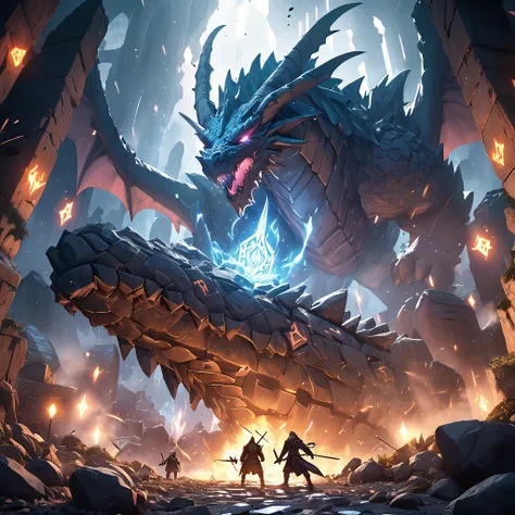 Ancient stone ruin, fierce battle between adventurers and a massive dragon-shaped golem, made of ancient stone with cracks and glowing symbols across its surface. The golem has a dragons form, with a body of heavy stone plates and rock wings, glowing eyes,...