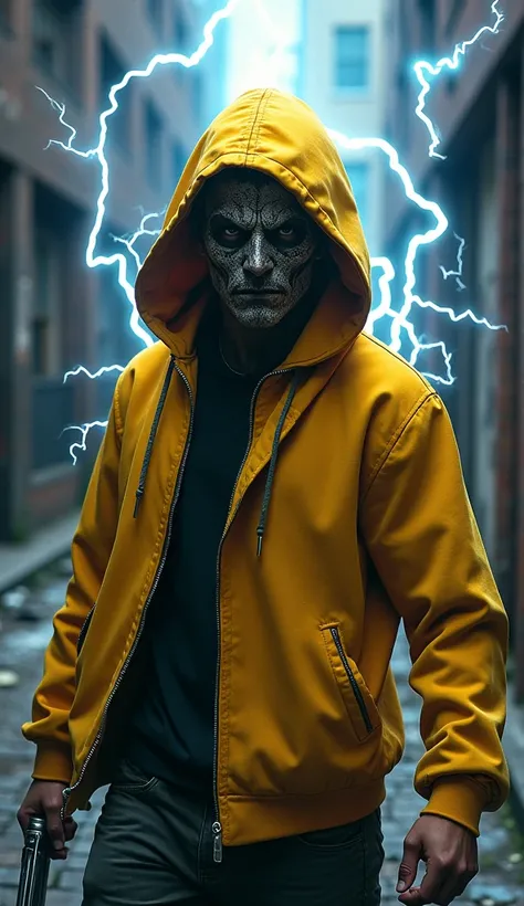 A cool character who wears a mask, wears a yellow hoodie, has the power of thunder, and has a gun and is a cool character