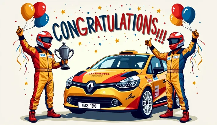 An exuberant illustration of two rally pilots, Gian Domenico and Alessandro(clear tipography), celebrating the rally WIN . They are wearing their racing helmets with their team logo and standing next to their iconic rally car( 2008 renault clio) , adorned ...