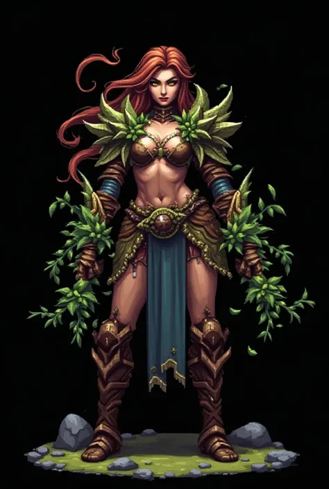  Elemental female warrior with the appearance of an intimidating knight symbolizing the element of nature in her wooden armor, biomass , with wooden body and pixel art video game design, with a flat black background . Epic fight pose ,  with biomass elemen...