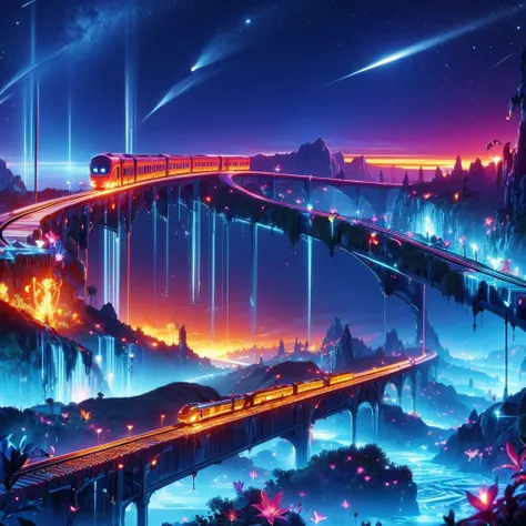 galactic ultra futuristic train moving thru montains landscape. hd