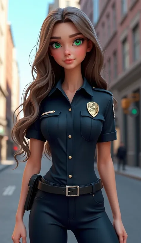 3D CGI render of a beautiful young police officer with long, flowing hair and striking bright green eyes, wearing a neat police uniform. Her expressive green eyes stand out against the uniform, giving her a confident and determined look. She stands in a mo...