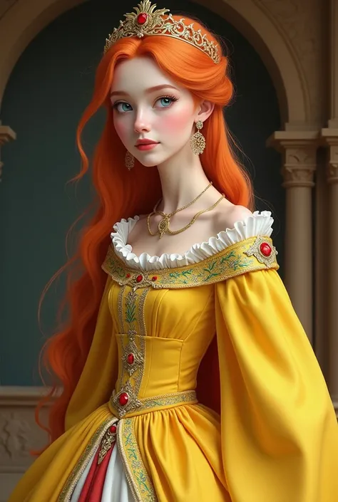 Like this but the dress is royal yellow with combination of white,red,green her skin is white her hair is color orange and her age is 18 and her eyes is blue