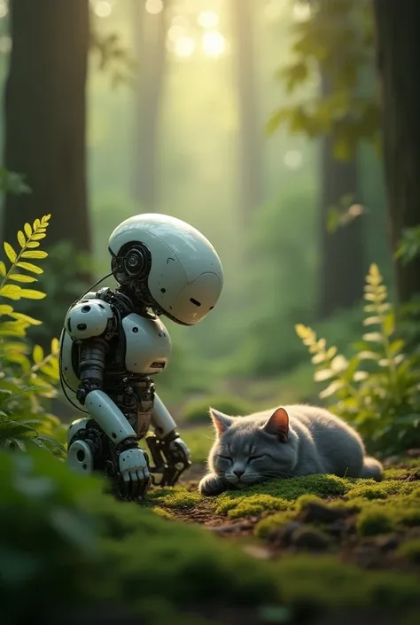 SMALL REALISTIC ROBOT FINDS A GRAY CAT SLEEPING IN A REALISTIC FOREST