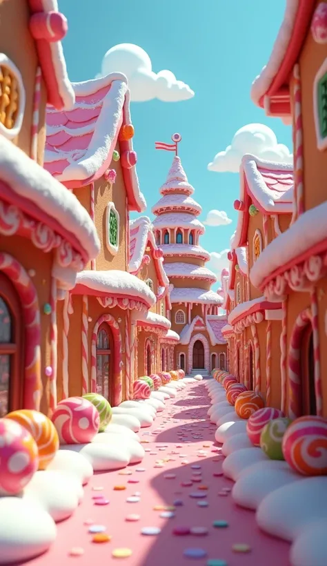  in a 3D animated world, candy world  (( all things in the form of candy )) :  street sightings in a village,  left right there is a citizens house 