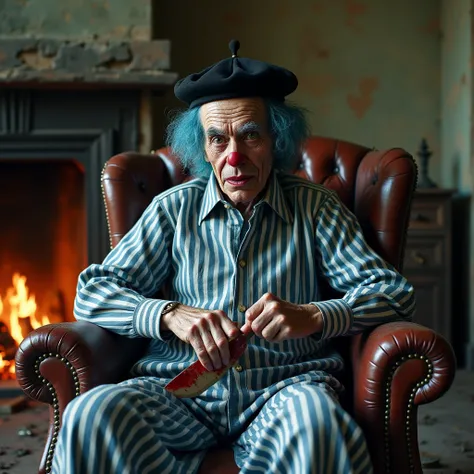  Hyperrealistic image .  he makes a detailed image of an old man dressed as a clown ,  wears a black beret on his head ,  from under the basque comes out ruffled blue hair ,  wears a dress worn and ruined by time in blue and white stripes.  He is sitting i...