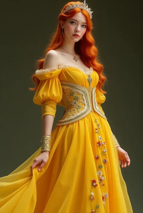 Like this but the dress is royal yellow with combination of white,red,green her skin is white her hair is color orange and her age is 18 and her eyes is blue