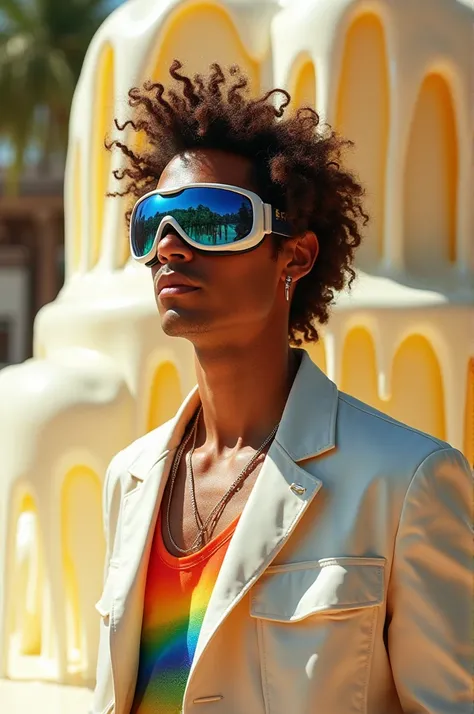 Man with colorful ski goggles ,  a tank top under a shiny white jacket and with curly hair should stand in front of a delicious vanilla fountain