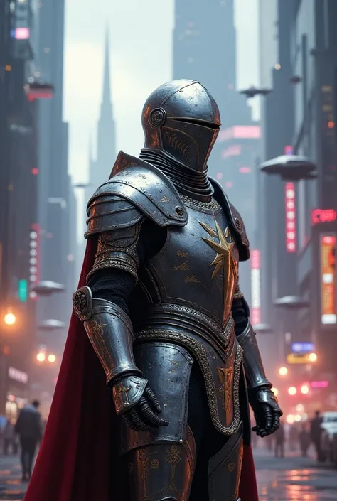 A knight in medieval full armor in a futuristic space city 