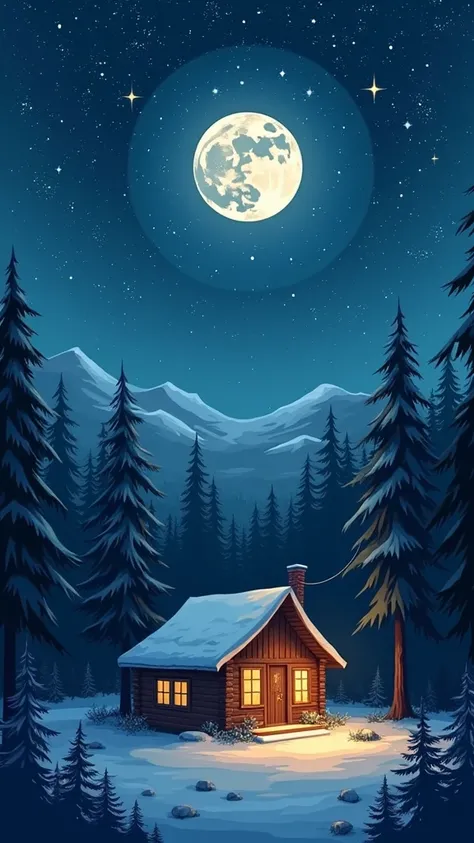 A serene and enchanting illustration of a cozy cabin nestled in a small clearing amidst a dense forest. The cabin, with its warm, inviting glow, appears to offer refuge from the chilly night. The sky above is awash with a breathtaking array of twinkling st...