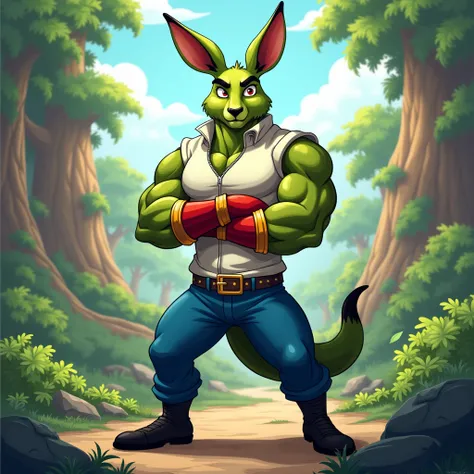 A green muscular kangaroo furry jock in gold bracelets , wearing black boots , wearing blue pants ,  in a white zippered sleeveless sweater , wearing red gloves with arms crossed over his chest, standing against the ruins in the cartoon-style forest