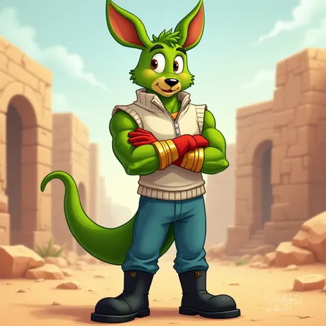 A green muscular kangaroo furry jock in gold bracelets , wearing black boots , wearing blue pants ,  in a white zippered sleeveless sweater , wearing red gloves with arms crossed over his chest, stands against the background of desert ruins in cartoon styl...