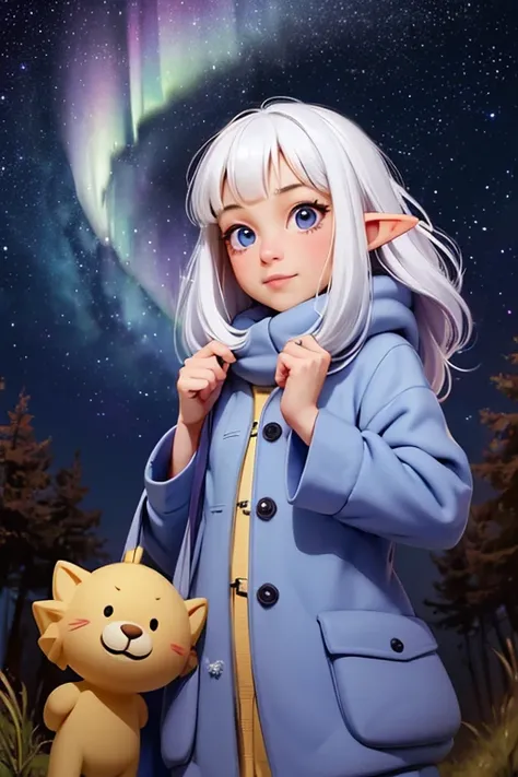 (Best Quality,Super detailed, Hi-Res,masterpiece:1.2)， a very young girl ， short stature ， Fisheye Lens ，Baby Face，Elf Ears，is short，Hilly night sky，winter，winter colors, winter landscape,  starry sky ， aurora :1.3，Sky color Prussian blue Cobalt blue Purpl...