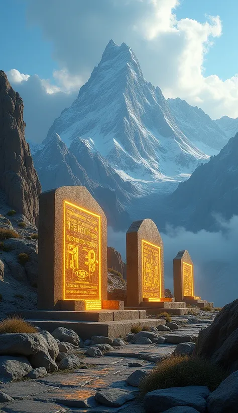 A set of ancient stone tablets with numbers engraved on them, glowing with golden light, set against a background of vibrant mountains and blue sky.