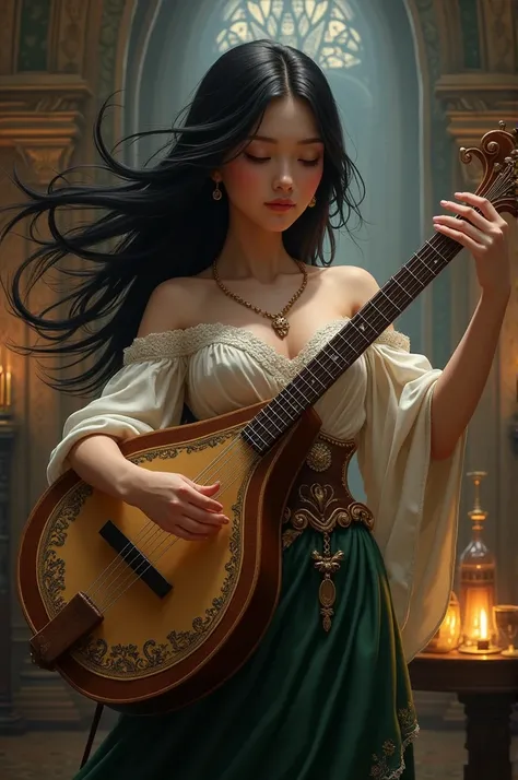 Female bard with lute, black hair, slender and small